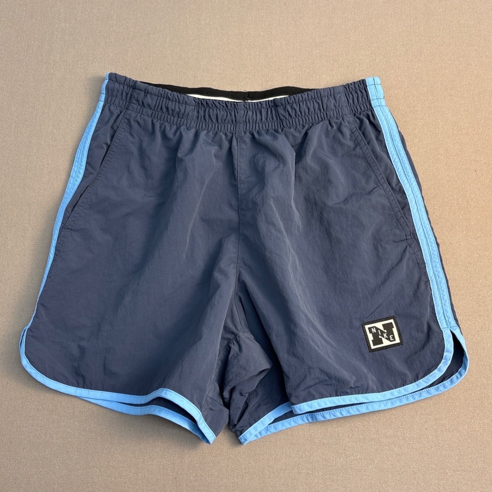 Nike Dri-FIT Running Shorts Navy Blue Light Blue Trim Small Retro Logo Athletic